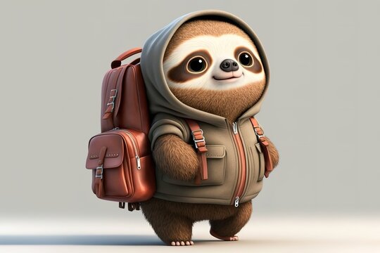 Cute sloth cartoon character with hoodie and backpack. Generative AI illustration