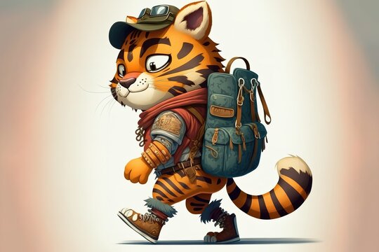 Cartoon animation of young tiger with backpack explorer. Generative AI illustration