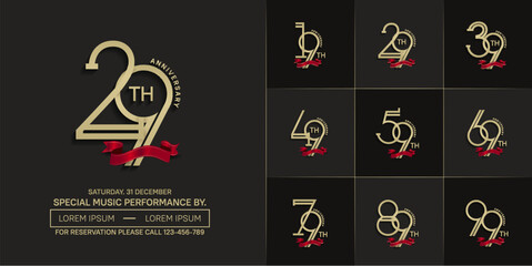 set of anniversary golden color with red ribbon for special celebration event