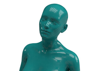 3D rendering of a portrait of a green bald woman on a white background. 