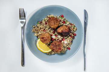 Homemade meatballs with fried rice , portion for lunch or dinner. Top view.