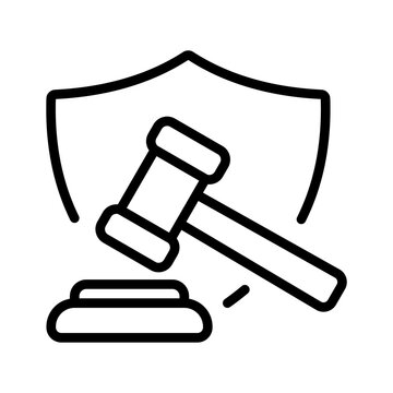 Icono de martillo de justicia con escudo de protecci&oacute;n. Concepto de ley, protecci&oacute;n y seguridad. Ilustraci&oacute;n vectorial