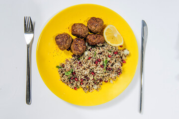 Homemade meatballs with fried rice , portion for lunch or dinner. Top view.