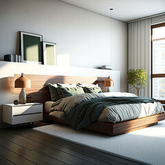 rendering of modern bedroom, high ceiling, bold, minimal and calm, neutral tone