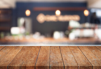 Perspective top wooden with blurred cafe background
