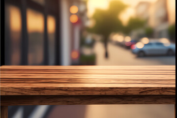Ultra realistic illustration of a procduct wooden table with a unfocused background