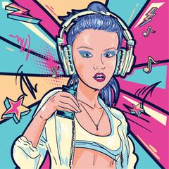 Drawn modern young girl in headphones listening to music, colorful musical design