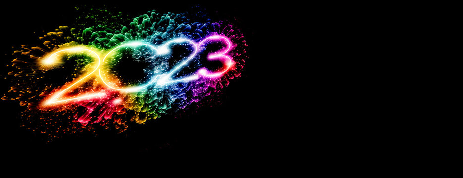 New year 2023 rainbow colorful bright lights on a black banner poster.  Happy New Year party countdown celebration.  Generative ai image. 