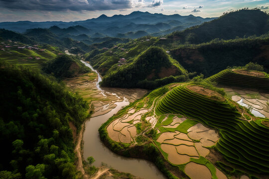 rice terraces in a distant valley, Generative AI