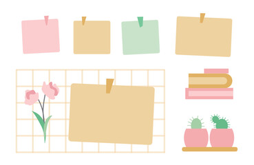 Set of grid wall with sticky notes for study. Sticky notes, grid wall, house plant and books.