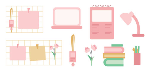 Set of grid wall with sticky notes for study. Sticky notes, laptop, calendar, books and stationary.