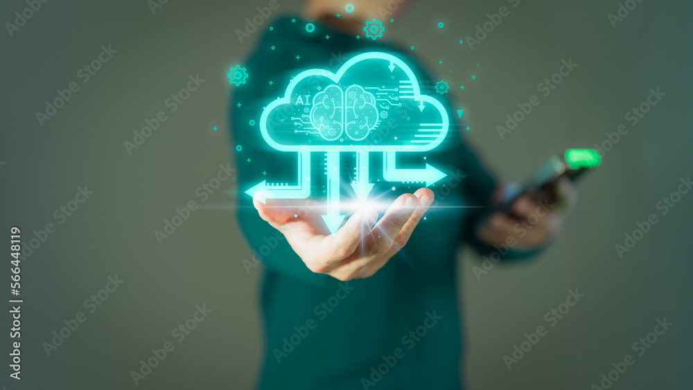Poster Man holding virtual cloud computing diagram show on hand. Business global internet connection application technology, digital marketing and data storage. Networking and internet service concept.