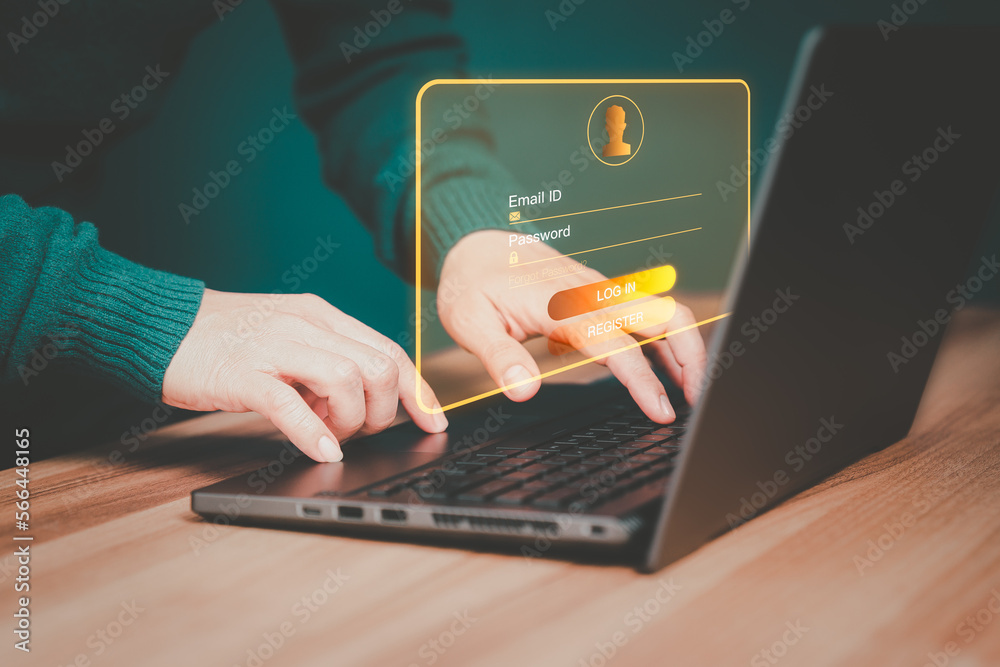 Poster Man protecting personal data on a computer laptop and virtual interface. Cyber security concept to protect data. Secure encryption and access to the user's private information to access the internet.