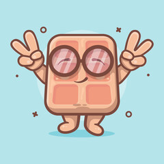 cute belgian waffle food character mascot with peace sign hand gesture isolated cartoon in flat style design