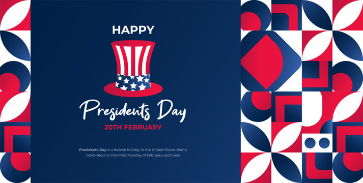 Happy Presidents Day 2023 Invitation Card Design or Social Media Post or Cover Design With Geometric Shapes Art and Uncle Sam's Hat.  George Washington Birthday Graphic Template - Powered by Adobe