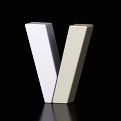 3d letter V plastic gray and white from alphabet isolated in a black background. Hi tech metallic font character design illustration, text minimal style, 3d rendering