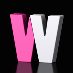 3d letter W plastic pink and white from alphabet isolated in a black background. Hi tech metallic font character design illustration, text minimal style, 3d rendering