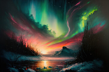 Fototapeta na wymiar Abstract beautiful Aurora Borealis sky at north of the earth oil paint background. Generative ai.