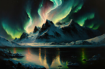 Abstract beautiful Aurora Borealis sky at north of the earth oil paint background. Generative ai.