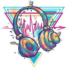Music design - drawn colorful musical headphones and notes
