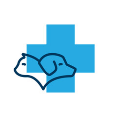 Vector icon illustration of the head of a dog and cat together with a blue cross behind.. Pet shop, veterinary, medical, shelter or other pet related subjects.