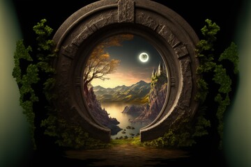 Fantasy world seen through keyhole, digital illustration, Generative AI