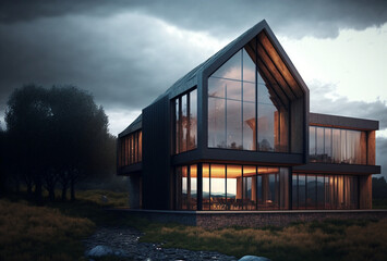 House at dusk, modern architecture with large glass window panels, isolated in nature, generative ai