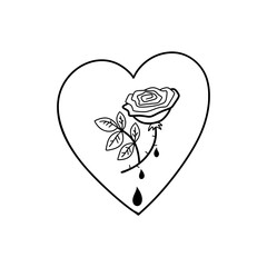 Romantic valentine with a heart, rose with thorns and drops of blood. Love hurts. Doodle-style design element for Valentine's Day on February 14. Vector.