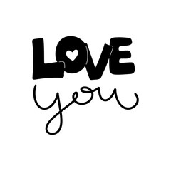 Romantic valentine card with handwritten inscription. Love you. Doodle-style design element for Valentine's Day on February 14. Vector.