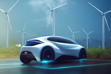 Obraz na płótnie Canvas E-Mobility and ecology. Charging an electric urban car in nature background with blue sky, solar panels and wind generator. Charging battery concept. 3D rendering. Generative AI