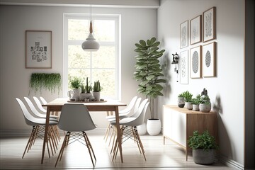 Dining Room Interior Design Minimalistic Chic Series: a monochromatic white palette with warm wood accents, clean lines, and pops of greenery. Generative AI