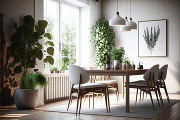 Dining Room Interior Design Minimalistic Chic Series: a monochromatic white palette with warm wood accents, clean lines, and pops of greenery. Generative AI