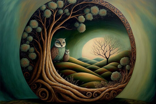 Fairytale Style Image of a Mother and Baby Owl with the Moon at Night Framed by a Swirling Tree. [Storybook, Fantasy, Historic, Cartoon Scene. Graphic Novel, Anime, Comic, or Manga Illustration.]