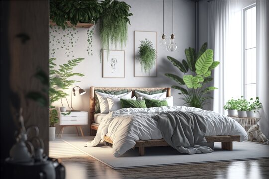 Bed Room Interior Design Minimalistic Chic Series: a monochromatic white palette with warm wood accents, clean lines, and pops of greenery. Generative AI