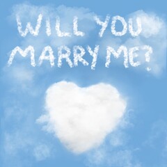 Naklejka na ściany i meble Puffy white cloud shaped like a heart on a blue sky with a skywriting message marriage proposal above it