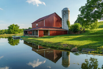 Red barn and grain silo reflected in a pond on a summer day