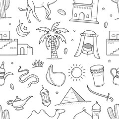 Arabian desert and object outline doodle seamless pattern background wallpaper