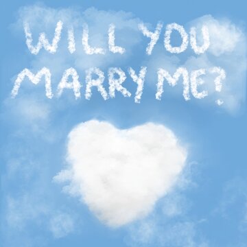 Puffy white cloud shaped like a heart on a blue sky with a skywriting message marriage proposal above it