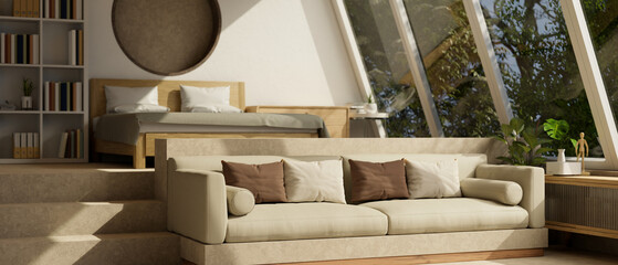 Contemporary cozy spacious bedroom interior design with bed, comfy couch, bookshelf, decor