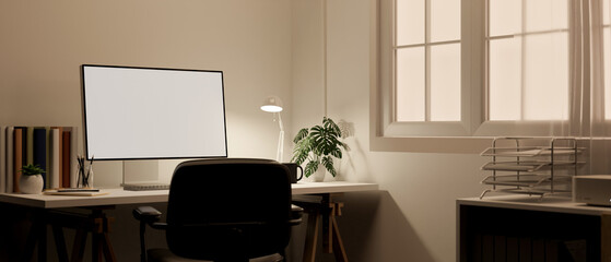 Modern minimal white home working room interior with computer mockup on a table with stuff