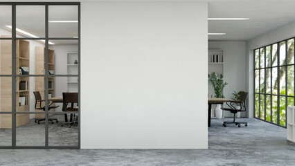 Modern urban company office indoor building interior with workstation and empty white wall