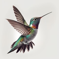 Fototapeta premium Flying hummingbird on white background. Generative AI