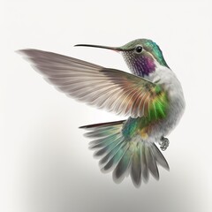 Fototapeta premium Flying hummingbird on white background. Generative AI