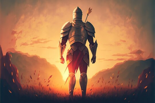 the undead knight in medieval armors prepares for battle against a background dawn , digital art style, illustration painting, fantasy concept of a undead knight king