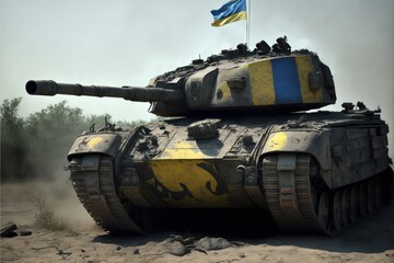 Battle tank, Ukraine flag. Military heavy vehicle. Army equipment for war and defense.  