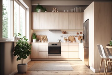 Fototapeta na wymiar Kitchen Interior Design Scandy Dream Series: a Light blonde wood paneling and cabinetry with white walls, and natural textured accessories. Generative AI 