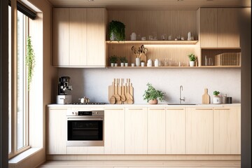Kitchen Interior Design Scandy Dream Series: a Light blonde wood paneling and cabinetry with white walls, and natural textured accessories. Generative AI
