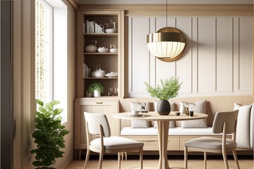 Dining Room Interior Design Scandy Dream Series: a Light blonde wood paneling and cabinetry with white walls, and natural textured accessories. Generative AI

