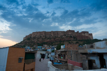 View of Mehrangarh fort with blue sky with clouds in the background, Jodhpur, Rajasthan, India.