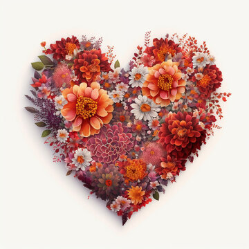 A heart made of flowers on a white background.  Love, Valentine's.  Generative AI.
